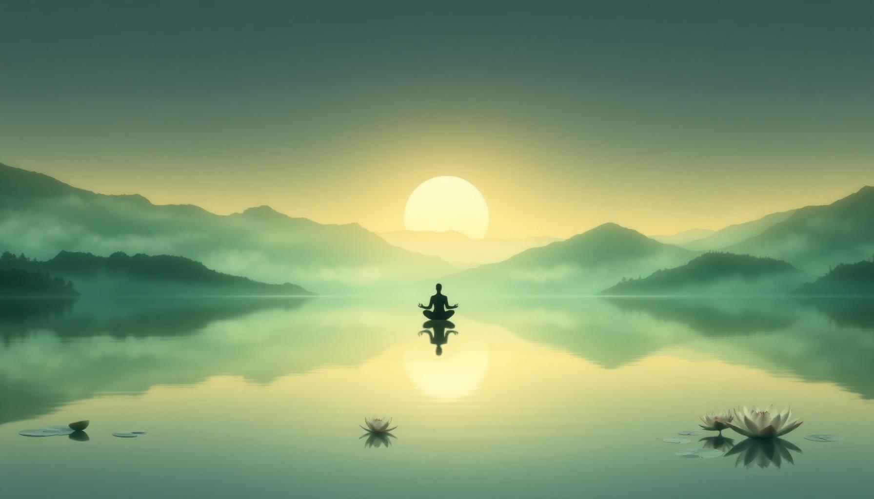 A lone figure meditating on still water at dawn